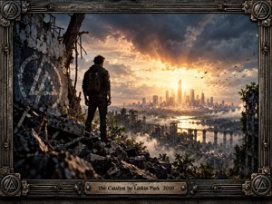 A lone figure stands among shattered industrial ruins, facing a radiant futuristic skyline beneath turbulent storm clouds. Warm gold sunlight breaks through cool gray-blue haze, reflecting across waterways and broken bridges. The cinematic digital artwork balances destruction and renewal, framed by weathered metal, rivets, cables, and engraved mechanical details.