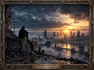 A solitary figure overlooks a ruined city from a shattered concrete ledge as dark storm clouds divide around a glowing sunset. Golden reflections shimmer across water and distant towers, balancing desolation with hope. Cinematic realism, cool steel tones, drifting mist, industrial debris, and a detailed metal frame create a tense, reflective atmosphere.