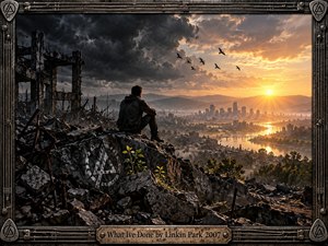 A lone figure sits among shattered concrete and twisted steel, overlooking a wounded city beneath storm clouds breaking into a radiant sunrise. Dark charcoal ruins contrast with warm gold light, distant water, birds, and new green growth. Cinematic digital realism creates a solemn yet hopeful atmosphere of regret, reckoning, and renewal.