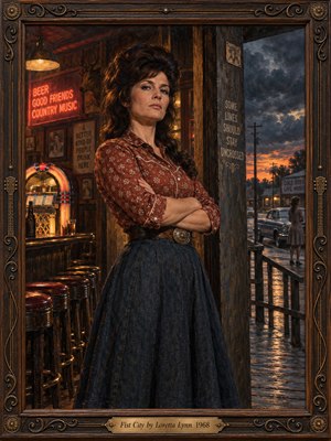 A defiant woman with dark bouffant hair stands arms crossed in a weathered country bar doorway, surrounded by glowing neon and a vintage jukebox. Beyond her, a stormy sunset darkens a quiet roadside. Rich amber, rust, and slate-blue oil-painted tones heighten the tension, enclosed by ornate walnut and brass.