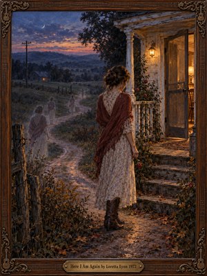 A solitary woman in a floral dress and red shawl approaches a weathered farmhouse at twilight, holding a fading rose. Ghostly figures trace her winding path, suggesting repeated returns and lingering heartbreak. Warm amber lamplight contrasts with violet-blue hills. Rich oil painting textures and an ornate guitar-inspired wooden frame evoke nostalgic country melancholy.