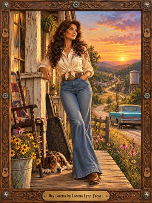 A confident brunette in an embroidered blouse and flared jeans leans against a weathered country porch overlooking a winding rural road. A resting hound, guitar case, patchwork quilt, wildflowers, and turquoise car evoke nostalgic Americana. Golden sunset light illuminates the richly detailed oil painting, surrounded by an ornate carved wooden frame.
