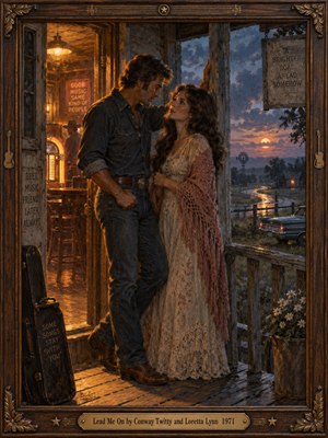 A country couple share a hesitant, intimate glance on a weathered porch outside a warmly lit honky-tonk. Amber lamplight contrasts with blue-violet twilight, revealing a winding road, vintage car, jukebox, and distant windmill. Richly textured oil brushwork creates nostalgic romantic tension, enclosed by carved walnut and an engraved brass title plate.