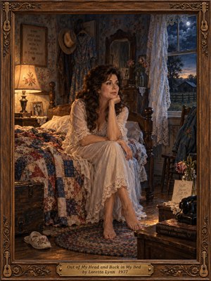 A wistful woman in a white lace nightgown sits on a quilt-covered bed in a rustic country bedroom. Warm lamplight washes floral wallpaper and worn wood, while cool moonlight enters through lace curtains. Rich painterly detail, a vintage carved frame, and a brass title plate deepen the nostalgic, restless mood.