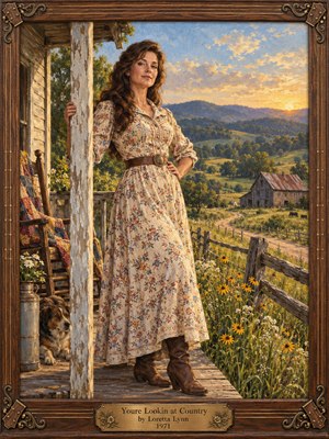 A confident country woman in a floral dress and leather boots stands on a weathered farmhouse porch overlooking rolling fields, a winding lane, and a rustic barn. Golden sunset light warms the wildflowers, resting dog, and distant blue hills. Rich oil-painted textures and an ornate carved frame evoke proud rural nostalgia.