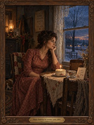 A wistful woman in a faded rose dress sits beside a candlelit birthday cake in a rustic country room, gazing through lace curtains at snowy twilight. Warm amber lamplight illuminates weathered wood, floral linens, and a vintage radio. Cool blue shadows deepen the melancholy within an ornate carved wooden frame.