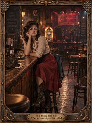 A wistful young woman in a cream blouse and red skirt leans against a worn honky-tonk bar, cigarette in hand. Amber jukebox light and crimson stage glow illuminate empty chairs, weathered wood, and a distant guitarist. Cinematic vintage photography conveys lonely resilience, enclosed by an ornate carved frame and brass title plate.
