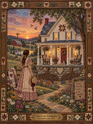A woman in a floral prairie dress faces a warmly lit farmhouse at sunset, surrounded by quilted wildflowers and rolling hills. Intricate embroidery, patchwork stones, intertwined roots, and heart motifs symbolize enduring love. Golden windows glow beneath a rose lavender sky, while an ornate carved wooden frame completes the nostalgic country tapestry.