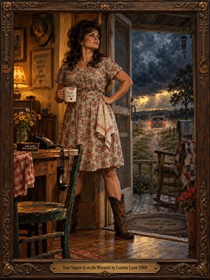A defiant country woman in a floral dress and cowboy boots stands in a farmhouse doorway, coffee mug in hand. Warm amber lamplight contrasts with stormy blue clouds and a departing pickup. Rustic furnishings, a dangling telephone, and an ornate guitar-trimmed wooden frame enrich this dramatic, nostalgic oil painting.