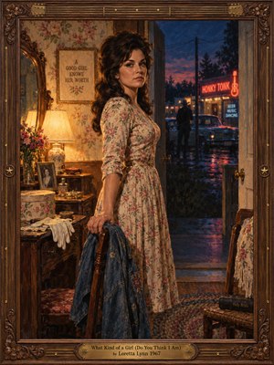 A confident woman in a floral dress stands inside a warmly lit 1960s country home, gazing defiantly toward the viewer. Beyond the doorway, neon honky-tonk lights illuminate a rainy twilight street. Rich amber and deep blue tones, intricate domestic details, expressive oil brushwork, and an ornate wooden frame evoke dignity and independence.