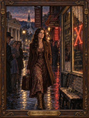 A resolute woman in a floral dress and brown coat walks through a rain-slick small town at dusk, watched by whispering neighbors. Crimson neon and golden streetlights shimmer against blue-gray shadows, while a glowing X marks a storefront window. Expressive oil brushwork and an ornate wooden frame deepen the defiant, melancholy atmosphere.