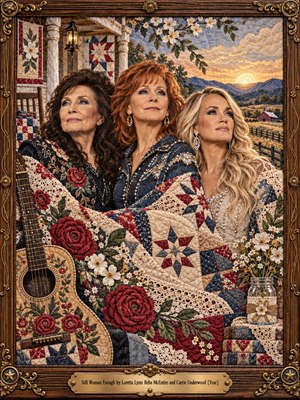 Three confident country singers stand together beneath a glowing rural sunset, surrounded by embroidered roses, patchwork quilts, lace, and a flowered guitar. Cream, denim blue, and deep red textiles create a warm, nostalgic atmosphere. Intricate stitching, an ornate carved wooden frame, and a brass title plate celebrate resilience, heritage, and shared strength.
