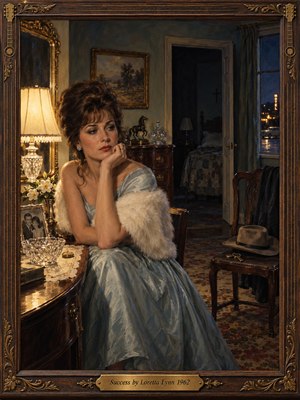 A glamorous woman in a pale blue gown sits pensively beside a warmly glowing lamp in an elegant 1960s room. Rich brown furnishings, crystal ornaments, and an empty chair contrast with her loneliness. Cool nighttime shadows deepen the melancholy, while detailed oil painting textures and an ornate wooden frame evoke nostalgic country elegance.