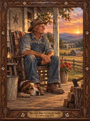A weathered farmer in faded denim rests on a farmhouse porch beside his loyal dog, gazing across rolling fields toward a glowing sunset. A patchwork quilt, lantern, flowers, and chopped firewood evoke rural resilience and tenderness. Warm amber light illuminates the richly textured oil painting, enclosed by an ornate carved wooden frame and brass title plate.