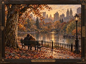 A warmly textured oil painting shows a couple seated closely on a park bench beside a calm city lake in autumn, framed by a massive tree and ornate lamppost. Golden sunset light washes the skyline, bridge, and water in amber reflections, while fallen leaves, distant birds, and an elegant decorative frame deepen the tender, nostalgic mood.