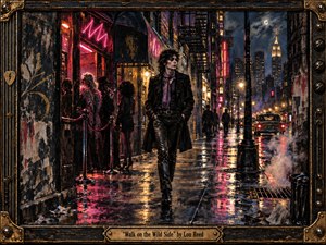 A solitary figure in black leather walks through a rain-soaked 1970s New York street glowing with pink neon, amber lamps, and reflected city lights. Shadowy nightlife characters gather beside worn buildings as steam rises from the pavement. Painterly textures, deep shadows, and a distressed brass-and-black frame create a gritty, nocturnal mood.