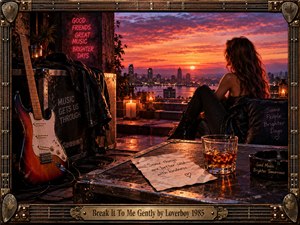 A solitary woman sits above a glowing city at sunset, surrounded by a guitar, road case, candles, handwritten notes, and warm reflections. Rich amber, crimson, and violet tones create a nostalgic 1980s rock atmosphere, while the ornate guitar-themed frame reinforces themes of vulnerability, longing, reflection, and emotional uncertainty.