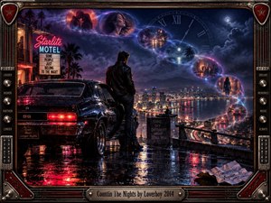 A lone man stands beside a rain-slicked muscle car overlooking a glowing city at night, surrounded by drifting memory visions and a ghostly clock. Neon reds, deep blues, and violet clouds create a restless romantic mood. Cinematic digital realism, reflective pavement, distant lights, and guitar-inspired framing emphasize longing and passing time.