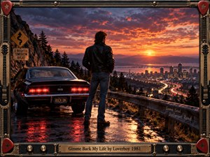 A lone man in a black leather jacket stands beside a dark muscle car on a rain-slick mountain overlook, facing a glowing city at sunset. Fiery orange clouds, cool blue shadows, winding highways, reflective pavement, and amplifier-inspired framing create a cinematic, nostalgic 1980s rock atmosphere filled with determination and restless energy.