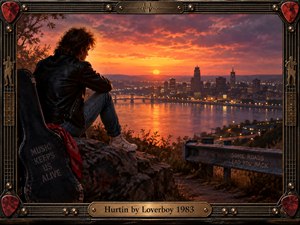 A lone man in a black leather jacket sits above a glowing riverside city at sunset, surrounded by warm orange and violet light. His guitar case, red scarf, rugged overlook, and distant skyline create a reflective, wounded mood. An ornate guitar-themed metal frame reinforces the nostalgic 1980s rock atmosphere.