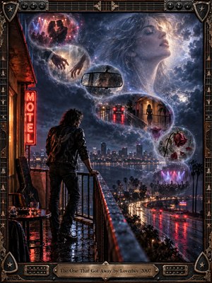 A lone rocker stands on a rain-soaked motel balcony overlooking a glowing night city, surrounded by dreamlike bubbles of fading memories. Cool blues and violets contrast with red neon and amber lights, while a ghostly woman emerges from storm clouds. The cinematic digital painting feels nostalgic, regretful, romantic, and haunting.