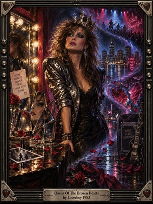 A glamorous rock queen stands beside a glowing dressing-room mirror, framed by shattered reflections, roses, rain-slick streets, and a neon city beyond. Crimson, magenta, blue, and gold lighting create a dramatic 1980s mood, while concert silhouettes, a guitar, and broken-heart symbols blend romance, defiance, fame, and emotional fracture.
