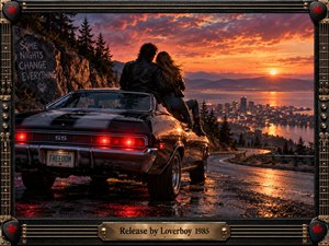 A leather-clad couple rests beside a black muscle car on a rain-slick mountain overlook, watching a fiery sunset above a glowing waterfront city. Warm orange light contrasts with deep blue shadows, while guitar-string framing, maple-leaf picks, graffiti, reflections, and cinematic realism create a nostalgic, rebellious 1980s rock atmosphere.