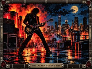 A silhouetted guitarist dominates a rain-slicked rooftop stage, backed by a glowing city skyline, full moon, smoke, and fiery red-orange light. Deep blues contrast with neon reflections, creating a tense, swaggering late-night rock mood. Gritty graphic texture, amplifiers, cables, and a metal guitar-string frame strengthen the hard-driving poster-like composition.