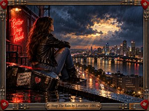 A moody cinematic artwork shows a woman seated on a rain slick rooftop overlooking a glowing city and river at dusk, as storm clouds split with radiant light. Neon reds and warm gold reflections contrast with deep blues, while the ornate guitar inspired frame and engraved title plate heighten the dramatic, hopeful atmosphere.