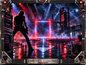 A lone guitarist faces a glowing rectangular stage portal amid a vast industrial nightscape, storm clouds, lightning, smoke, and a roaring crowd. Red and electric blue lights reflect across wet metal flooring, creating tense arena-rock energy. The detailed digital artwork is enclosed by a rugged amplifier-inspired metal frame with a central engraved title plate.