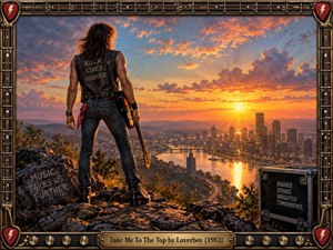 A long-haired guitarist stands on a rocky overlook above a glowing river city at sunset, projecting ambition, freedom, and triumphant rock energy. Warm orange light cuts through dramatic clouds, illuminating rugged terrain and distant towers. A richly detailed guitar-inspired metal frame, amplifier controls, picks, and engraved title plate reinforce the bold 1980s aesthetic.