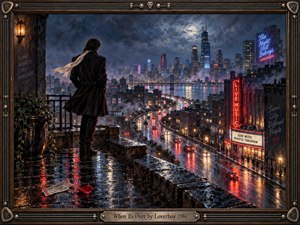 A solitary figure overlooks a rain-soaked neon city from a rooftop terrace, wrapped in wind and reflection. Curving streets lead through glowing red and blue lights toward a distant bridge and skyline. Moody oil-painted textures, moonlit clouds, wet stone, a fallen ticket, and rose petal evoke bittersweet finality.