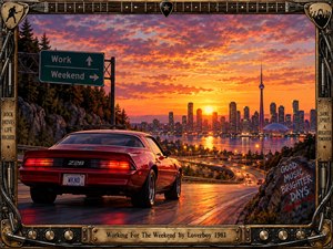 A glossy red muscle car speeds toward a glowing waterfront skyline beneath a fiery orange sunset, capturing restless anticipation and weekend freedom. Winding highways, reflective water, evergreen cliffs, and bold roadside signs create cinematic depth. An ornate guitar-inspired metal frame and engraved title plate reinforce the energetic 1980s rock atmosphere.