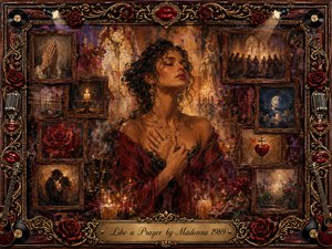 A contemplative woman in deep crimson stands amid glowing candles, roses, stained glass, and devotional imagery, her hands pressed to her heart. Warm amber light contrasts with shadowy burgundy and violet tones. Ornate vintage frames surround fading memories, while gold filigree, microphones, guitars, records, and red lips enrich the dramatic painterly composition.
