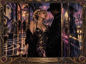 A glamorous woman confronts a shadowed stranger outside a rain-slicked city club, their closeness charged with mystery and attraction. Indigo, violet, magenta, and gold glow through reflections and wet pavement. Painterly textures, mirrored surfaces, rose petals, distant lights, and an ornate bronze frame create a seductive late-night pop-noir atmosphere.