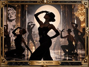A glamorous dancer in a black corset, gloves, pearls, and fedora commands a grand Art Deco ballroom, surrounded by poised performers and mirrored marble floors. Warm gold light, deep shadows, chandeliers, haze, and a luminous circular spotlight create dramatic theatrical elegance. Rich black, bronze, and amber tones evoke vintage high fashion and cinematic sophistication.
