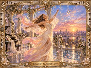A radiant woman dances across an opulent marble terrace above a glowing city skyline, her flowing ivory gown and translucent scarves sweeping through golden sunset light. Soft pink, lavender, and blue clouds create a euphoric, romantic mood, while flowers, crystal ornaments, piano details, and an ornate gilded frame add lavish handcrafted elegance.