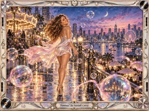 A radiant woman in a shimmering pastel dress strolls along a rain-glossed promenade overlooking a glowing city and waterfront amusement park. Pearlescent bubbles, carousel lights, and a crescent moon create a dreamy, romantic atmosphere. Soft pinks, blues, and golds blend with luminous reflections, framed by ornate silver musical detailing.