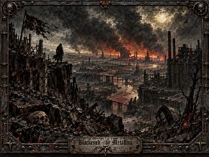 A lone cloaked figure stands on a jagged cliff above a vast ruined industrial wasteland, watching a horizon of fire and choking smoke beneath a pale, cloud-veiled sun. Rendered like dark mixed-media album art, the composition feels cinematic and apocalyptic, framed in rusted metal with skull details and a weathered title plate.