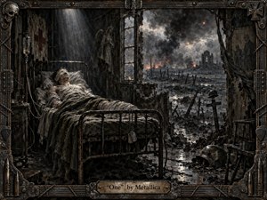 A blinded, bandaged soldier lies motionless on a rusted hospital bed inside a shattered wartime room opening onto a devastated battlefield. Cold gray light cuts through smoky darkness, reflecting across mud, rubble, and broken metal. Gritty painterly textures, scorched architecture, distant fires, dog tags, and the industrial frame create a haunting atmosphere of isolation and despair.