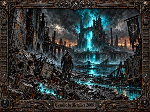 A lone figure stands amid a ruined industrial wasteland, facing a towering refinery glowing with eerie cyan light beneath storm clouds and a pale moon. Twisted steel, shattered concrete, smoke, and reflective pools create a bleak, toxic atmosphere, while the ornate rusted metal frame reinforces the images heavy, apocalyptic character.