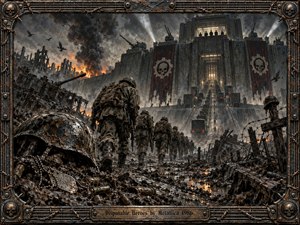 A grim procession of battle-worn soldiers advances through a devastated industrial wasteland toward a towering militarized fortress. Smoke, fire, mud, wreckage, and barbed wire create a bleak atmosphere of sacrifice and control. Dark metallic tones, harsh orange flames, dramatic lighting, and intricate handcrafted textures intensify the oppressive wartime mood.