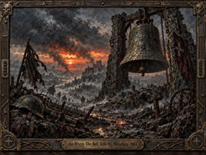 A colossal weathered bell hangs above a shattered battlefield, framed by ruined stone, barbed wire, broken weapons, and distant marching figures. Fiery orange sunset light burns beneath storm-dark clouds, reflecting through mud and smoke. Thick, textured brushwork and corroded metal details create a grim, monumental atmosphere of war, fate, and mortality.