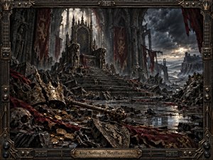 A ruined gothic throne hall stretches beneath storm-dark skies, its empty seat towering above shattered steps, fallen crowns, coins, skulls, and torn crimson banners. Cold gray stone, tarnished bronze, and deep red fabric create a bleak, regal atmosphere, while distant moonlight reveals decay, abandoned power, and hollow ambition.