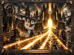 A blazing road of golden light rushes toward a towering gothic cathedral portal in a storm-dark industrial city, framed by ornate metalwork. A hooded guardian, colossal speakers, bridges, and spires heighten the tension. Black, bronze, and molten gold dominate, while dramatic lightning and radiant glow create a fierce, handcrafted heavy metal fantasy.