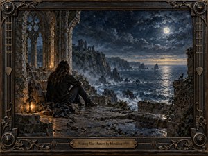 A solitary figure sits among weathered Gothic ruins above a stormy moonlit sea, an acoustic guitar resting nearby. Deep blues, charcoal stone, silver surf, and warm lantern light create a reflective, intimate mood. Detailed painterly textures, distant cliffs, broken arches, and an ornate metallic frame reinforce quiet longing and emotional resolve.