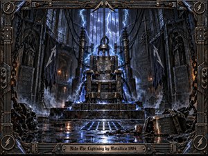 An ominous electric chair dominates a storm-lit gothic execution chamber, centered beneath jagged blue lightning and surrounded by chains, cables, smoke, and wet reflective stone. Cold steel grays and electric blues shape a tense, dramatic composition. The richly detailed mixed-media style feels handcrafted, with an ornate metal frame and engraved title plate.