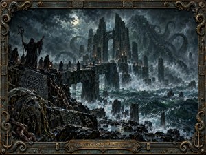 A storm-lashed ocean surrounds towering black ruins as robed figures gather beneath a cold moon, while a colossal tentacled presence emerges through turbulent clouds and spray. Dark teal, iron gray, and bronze dominate the dramatic scene, framed by weathered metalwork, chains, carved symbols, and intricate maritime details.