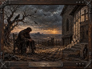 A weary man sits chained beside a weathered stone chapel beneath a storm-darkened sky, surrounded by barren earth, ravens, and distant mesas. Warm sunset light cuts through cold gray clouds, casting long shadows across the path. Rich oil-painted textures, rusted metal, cracked wood, and muted browns create a somber, haunted atmosphere.