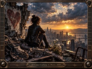 A solitary woman in black leather sits among rooftop ruins overlooking a sprawling city at sunset. Storm clouds, golden light, distant mountains, and reflective waterways create a tense yet hopeful atmosphere. A battered guitar, painted heart, and blooming daisies add poignant symbolism, enclosed by an intricate industrial musical frame.